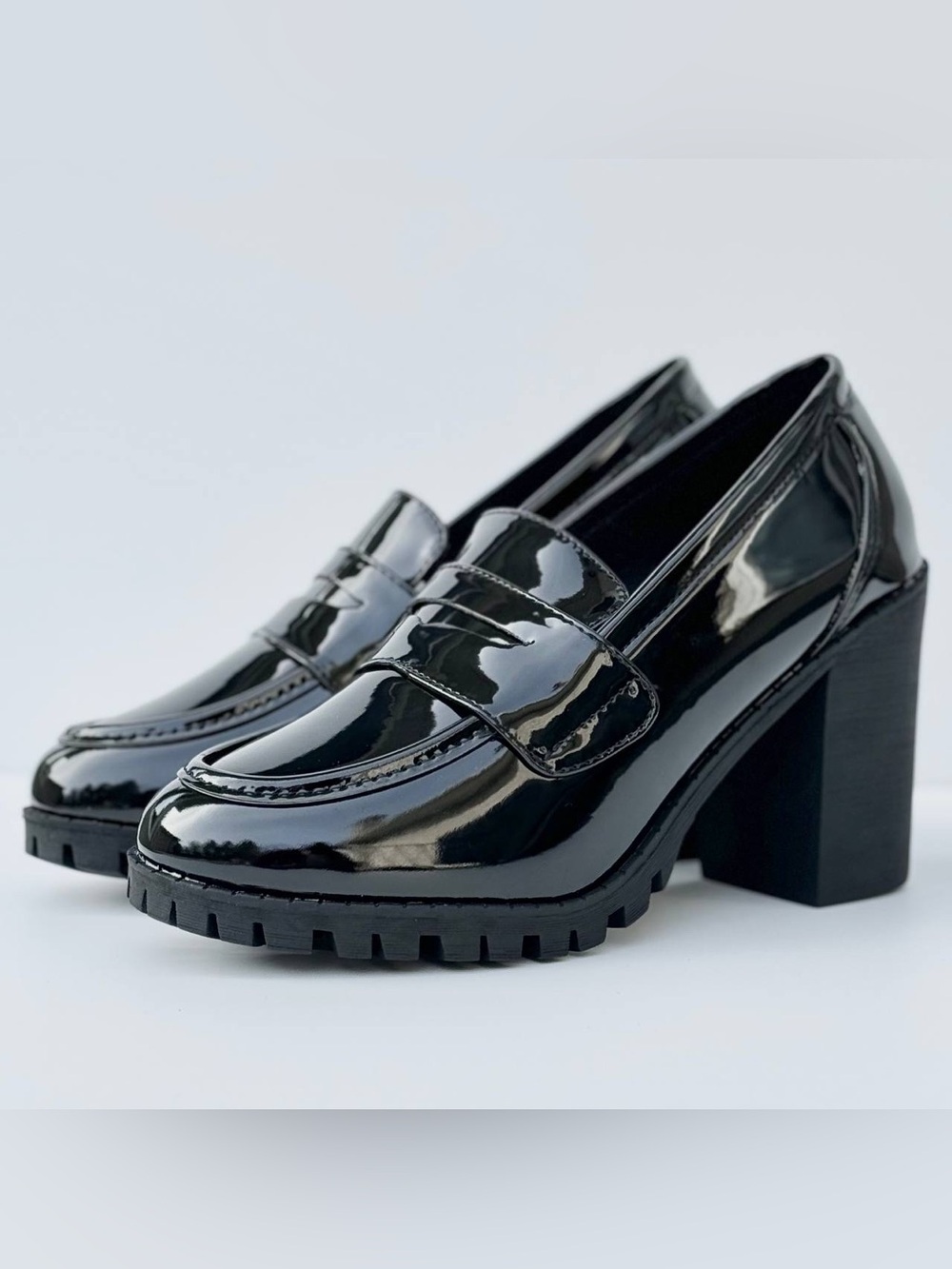 Black Patent Chunky-Heel Loafers for Women - Picture 8 of 10